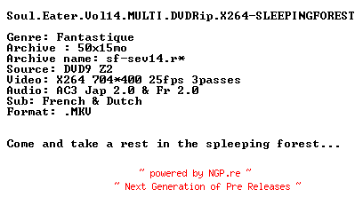 NFO for the release Soul.Eater.Vol14.MULTI.DVDRiP.X264-SLEEPINGFOREST by SLEEPINGFOREST