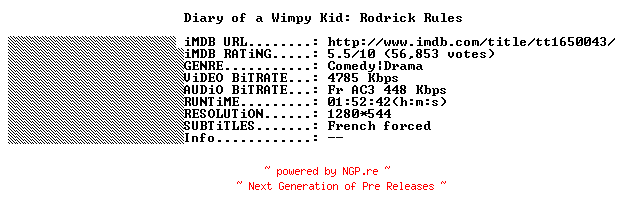 NFO for the release Diary.Of.A.Wimpy.Kid.Rodrick.Rules.FRENCH.720p.BluRay.x264-THENiGHTMAREiNHD by THENiGHTMAREiNHD