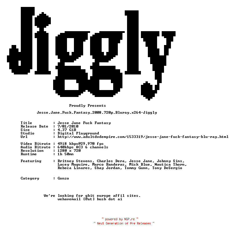 NFO for the release Jesse.Jane.Fuck.Fantasy.2008.720p.Bluray.x264-Jiggly by Jiggly