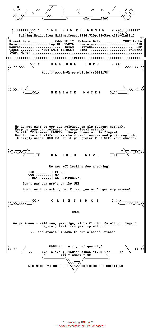 NFO for the release Talking.Heads.Stop.Making.Sense.1984.720p.BluRay.x264-CLASSiC by CLASSiC