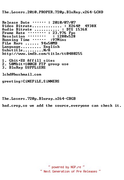 NFO for the release The.Losers.2010.PROPER.720p.BluRay.x264-LCHD by LCHD