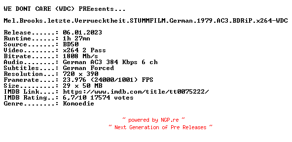 NFO for the release Mel.Brooks.letzte.Verruecktheit.STUMMFILM.German.1979.AC3.BDRiP.x264-WDC by WDC