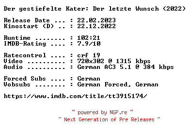 NFO for the release Der.gestiefelte.Kater.Der.letzte.Wunsch.German.2022.AC3.BDRip.x264-COiNCiDENCE by COiNCiDENCE