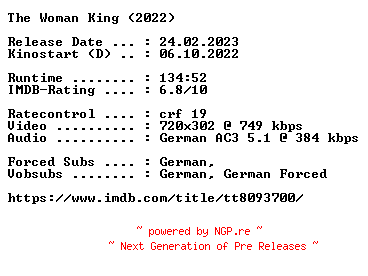 NFO for the release The.Woman.King.German.2022.AC3.BDRip.x264-COiNCiDENCE by COiNCiDENCE