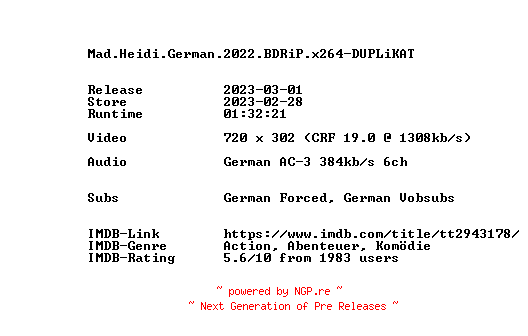 NFO for the release Mad.Heidi.German.2022.BDRiP.x264-DUPLiKAT by DUPLiKAT