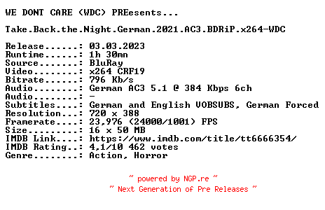 NFO for the release Take.Back.the.Night.German.2021.AC3.BDRiP.x264-WDC by WDC