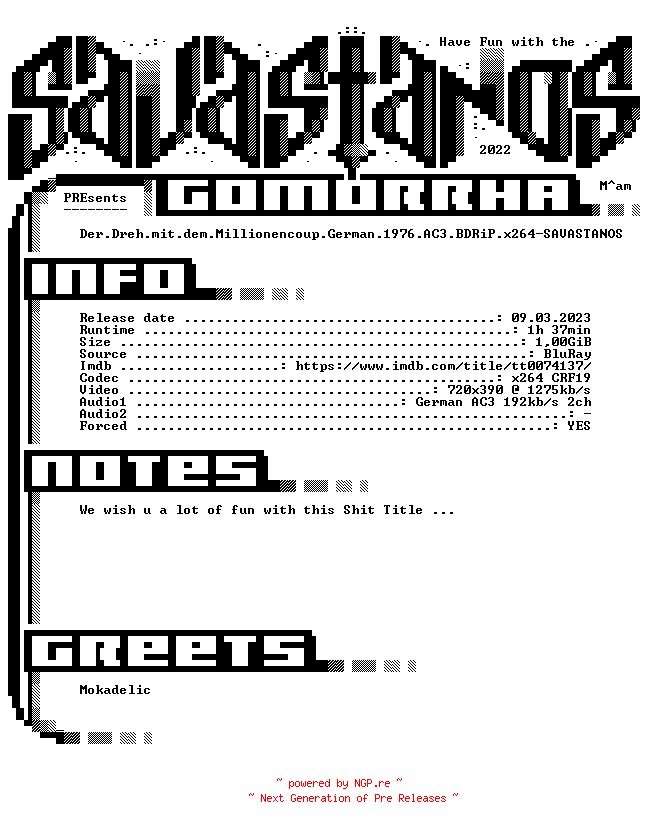 NFO for the release Der.Dreh.mit.dem.Millionencoup.German.1976.AC3.BDRiP.x264-SAVASTANOS by SAVASTANOS