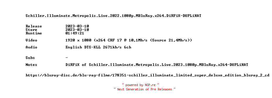 NFO for the release Schiller.Illuminate.Metropolis.Live.2022.1080p.MBluRay.x264.DiRFiX-DUPLiKAT by DUPLiKAT