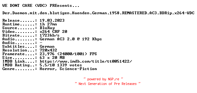 NFO for the release Der.Daemon.mit.den.blutigen.Haenden.German.1958.REMASTERED.AC3.BDRip.x264-WDC by WDC