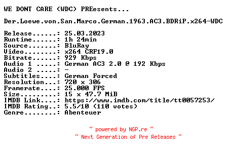 NFO for the release Der.Loewe.von.San.Marco.German.1963.AC3.BDRiP.x264.iNTERNAL-WDC by WDC