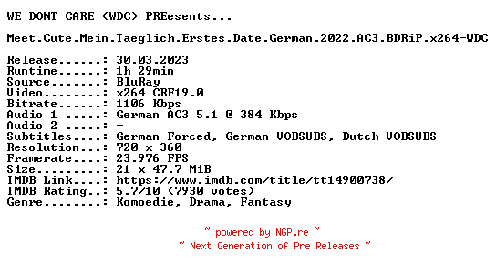 NFO for the release Meet.Cute.Mein.Taeglich.Erstes.Date.German.2022.AC3.BDRiP.x264-WDC by WDC