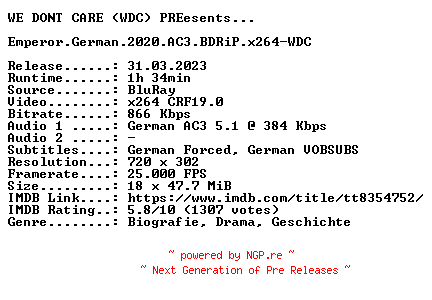 NFO for the release Emperor.German.2020.AC3.BDRiP.x264-WDC by WDC