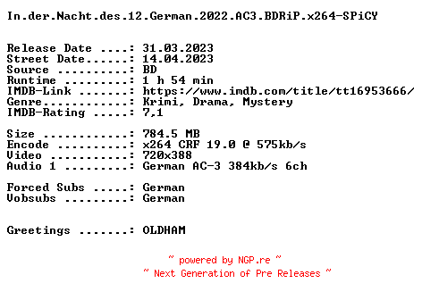 NFO for the release In.der.Nacht.des.12.German.2022.AC3.BDRiP.x264-SPiCY by SPiCY