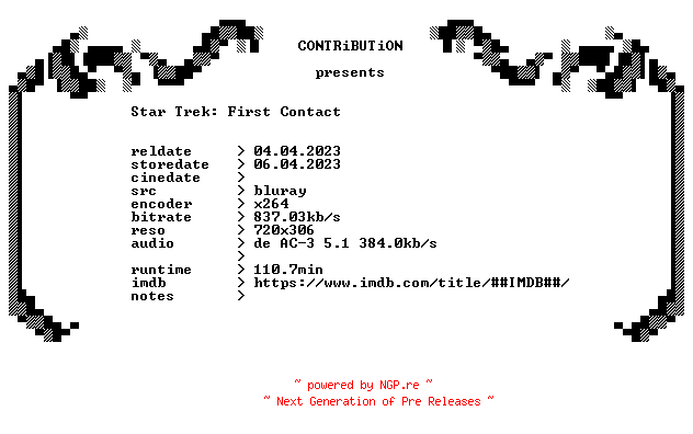 NFO for the release Star.Trek.Der.erste.Kontakt.1996.REMASTERED.German.BDRip.x264-CONTRiBUTiON by CONTRiBUTiON