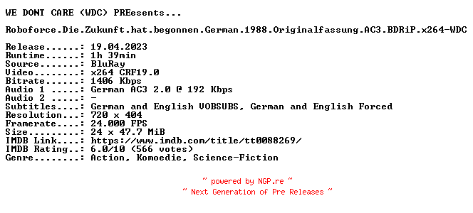 NFO for the release Roboforce.Die.Zukunft.hat.begonnen.German.1988.Originalfassung.AC3.BDRiP.x264-WDC by WDC