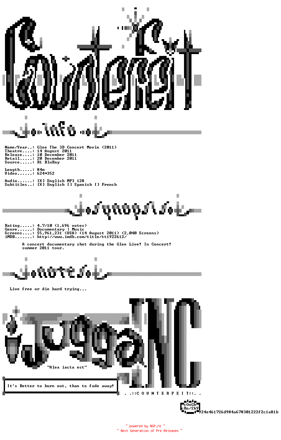 NFO for the release Glee.The.3D.Concert.Movie.2011.BDRip.XviD-Counterfeit by Counterfeit