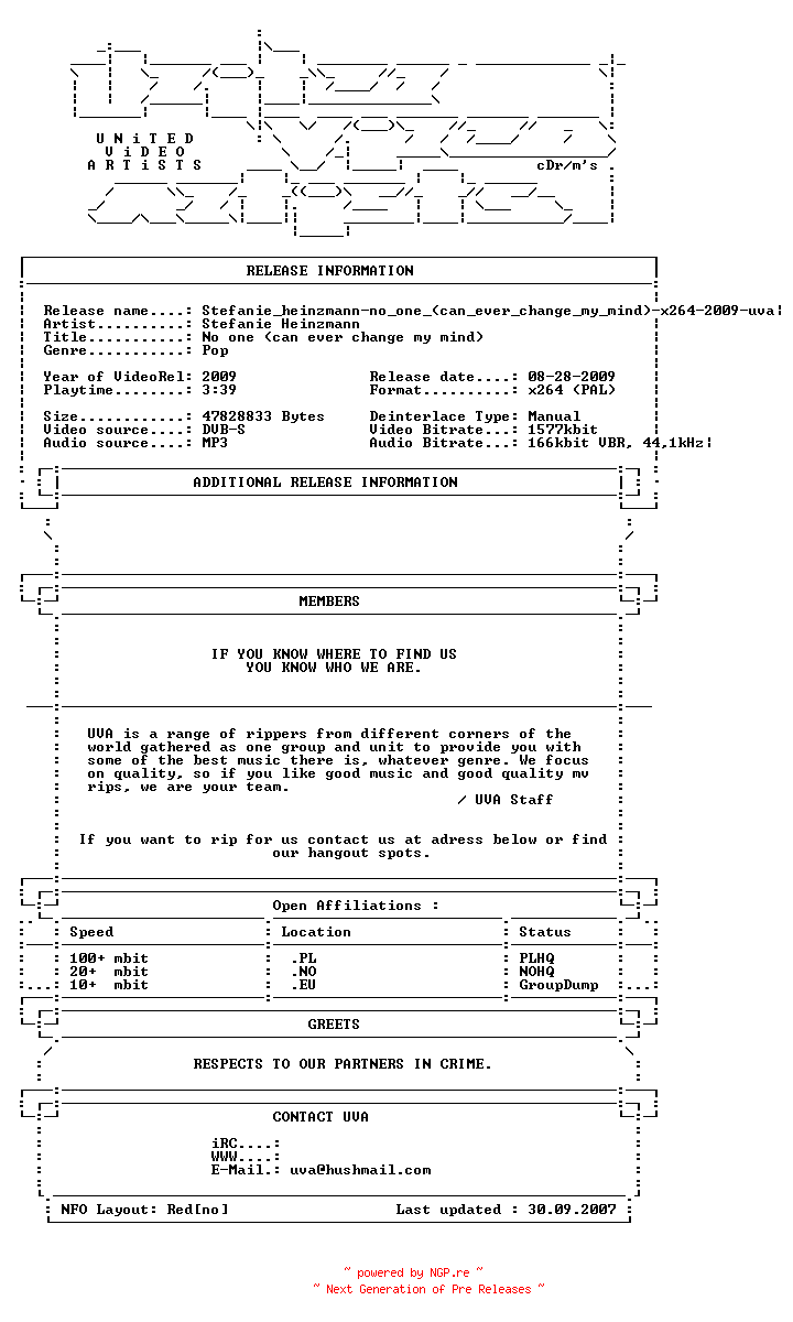NFO for the release Stefanie_heinzmann-no_one_(can_ever_change_my_mind)-x264-2009-uva by uva