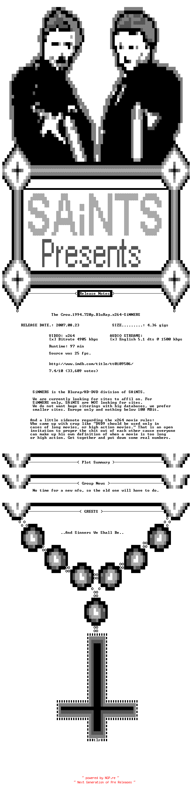 NFO for the release The.Crow.1994.720p.BluRay.x264-SiNNERS by SiNNERS