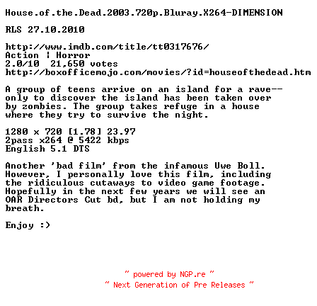 NFO for the release House.of.the.Dead.2003.720p.Bluray.X264-DIMENSION by DIMENSION