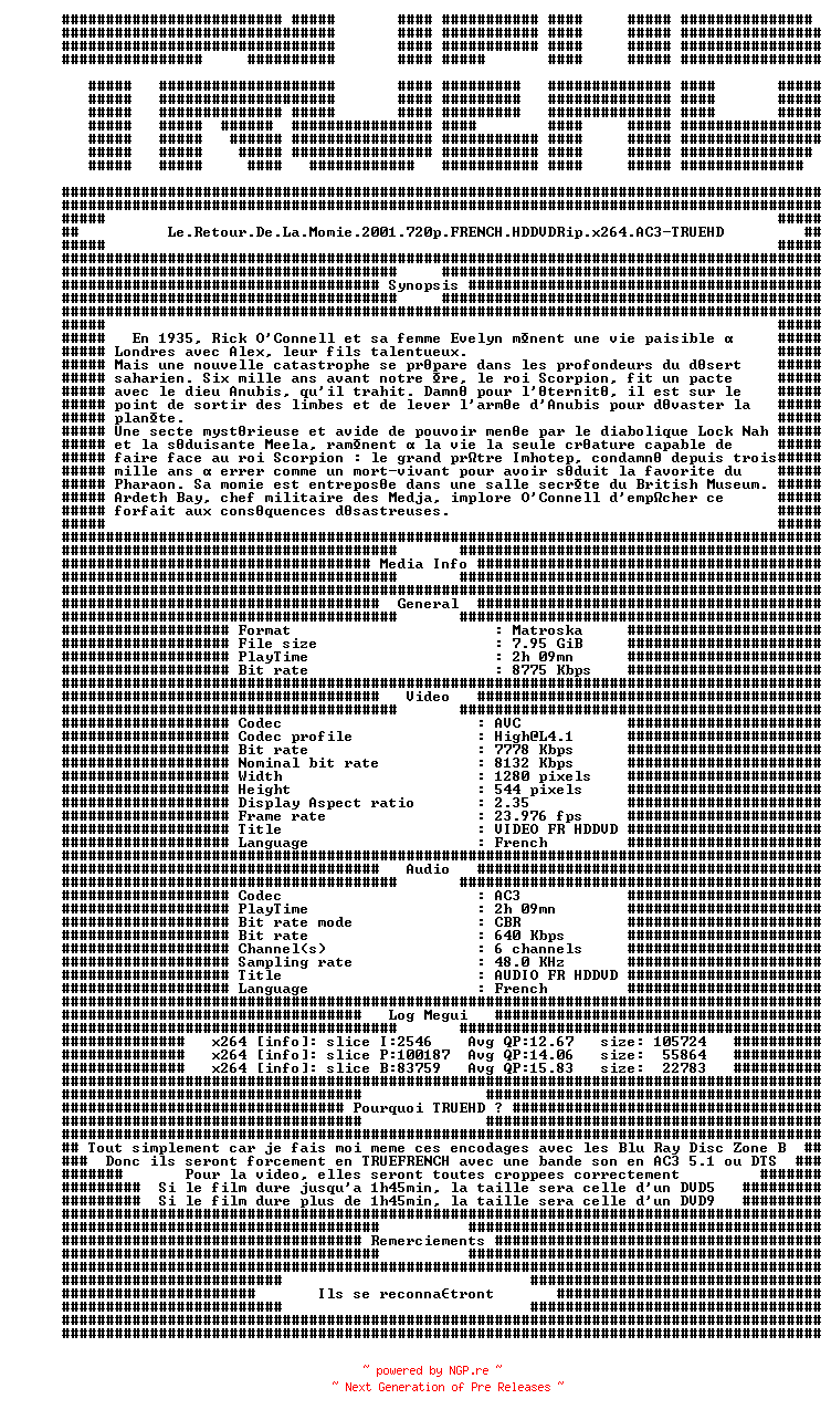 NFO for the release Le.Retour.De.La.Momie.2001.720p.FRENCH.HDDVDRip.x264.AC3-TRUEHD by TRUEHD