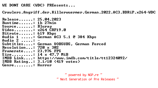 NFO for the release Crawlers.Angriff.der.Killerwuermer.German.2022.AC3.BDRiP.x264-WDC by WDC