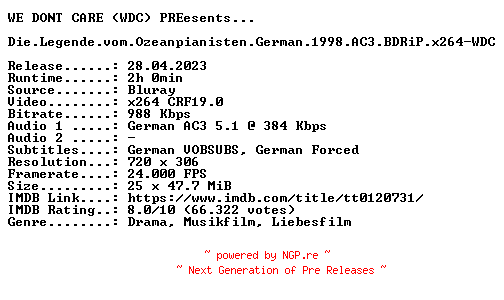 NFO for the release Die.Legende.vom.Ozeanpianisten.German.1998.AC3.BDRiP.x264-WDC by WDC