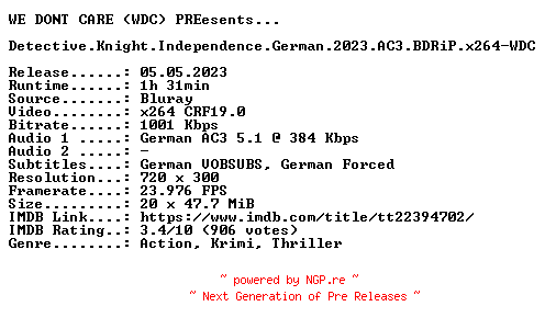 NFO for the release Detective.Knight.Independence.German.2023.AC3.BDRiP.x264-WDC by WDC