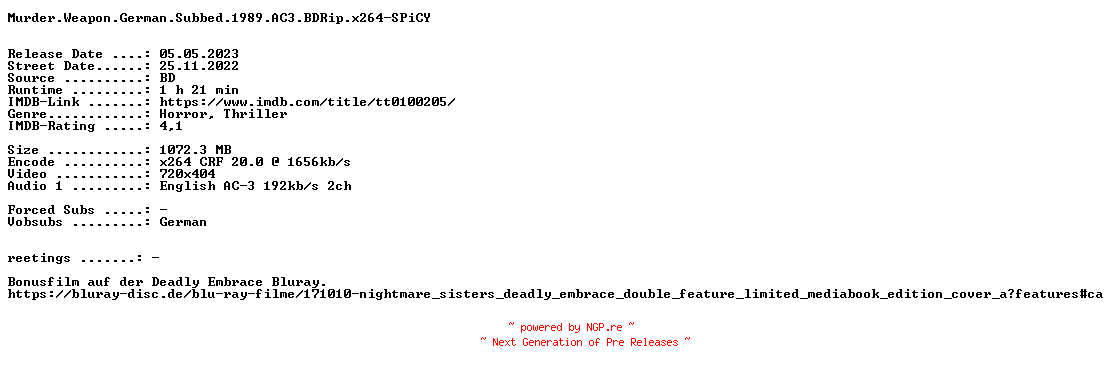 NFO for the release Murder.Weapon.German.Subbed.1989.AC3.BDRip.x264-SPiCY by SPiCY