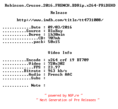 NFO for the release Robinson.Crusoe.2016.FRENCH.BDRip.x264-PRiDEHD by PRiDEHD