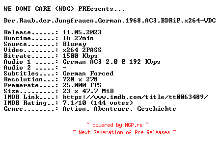 NFO for the release Der.Raub.der.Jungfrauen.German.1968.AC3.BDRiP.x264-WDC by WDC