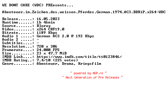 NFO for the release Abenteuer.im.Zeichen.des.weissen.Pferdes.German.1974.AC3.BDRiP.x264-WDC by WDC