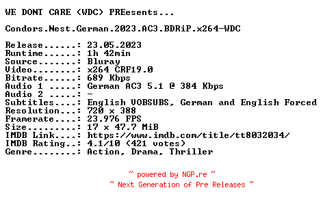 NFO for the release Condors.Nest.German.2023.AC3.BDRiP.x264-WDC by WDC