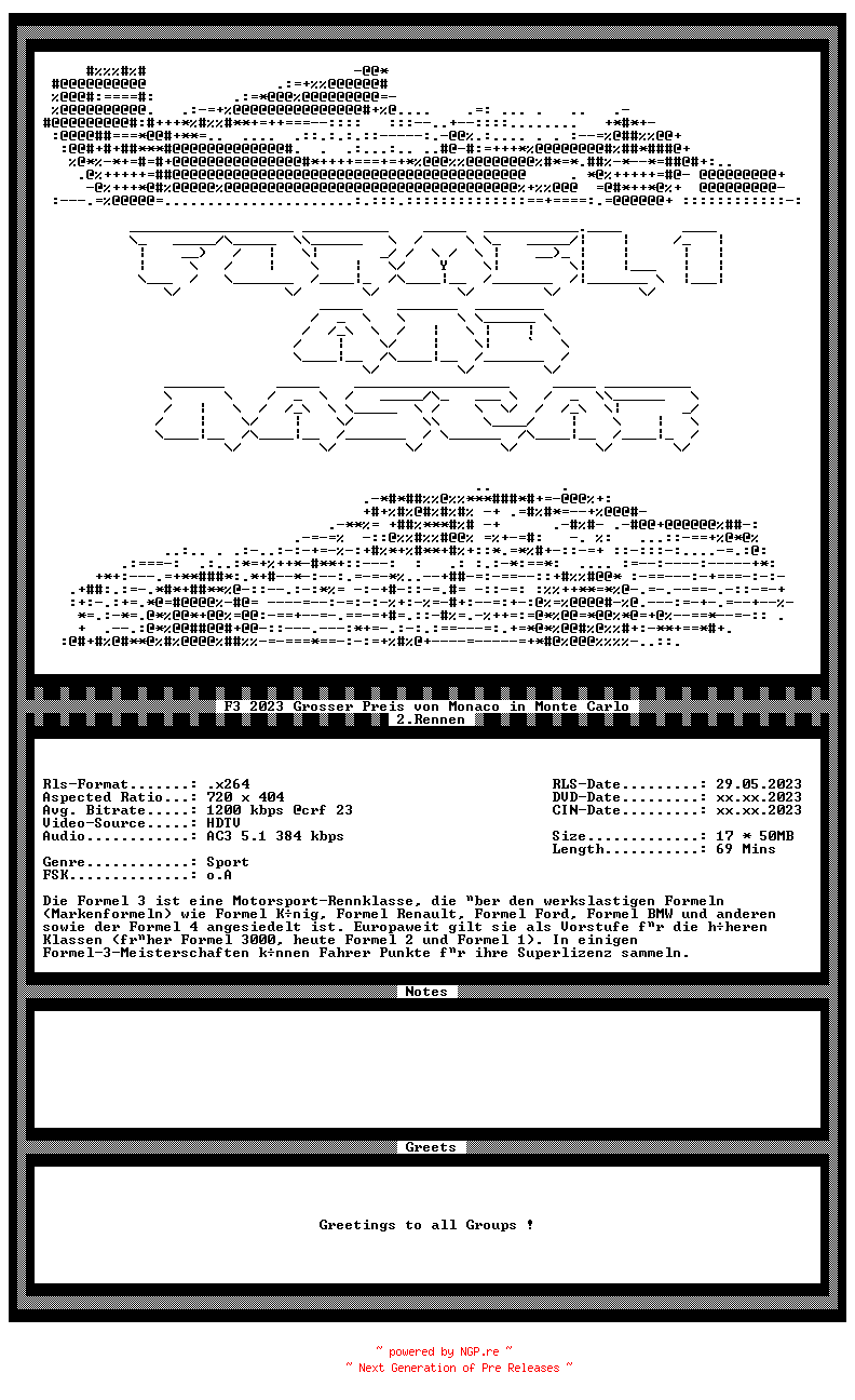 NFO for the release F3.2023.Grosser.Preis.von.Monaco.2.Rennen.in.Monte.Carlo.German.HDTVRiP.x264-F1ANA by F1ANA