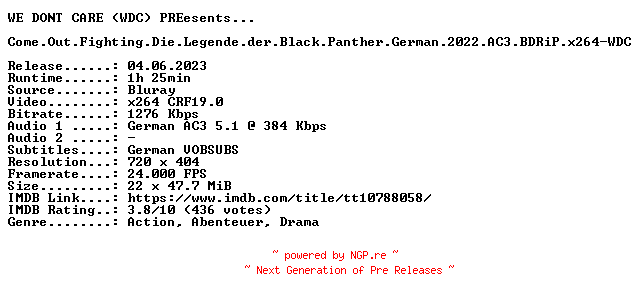 NFO for the release Come.Out.Fighting.Die.Legende.der.Black.Panther.German.2022.AC3.BDRiP.x264-WDC by WDC