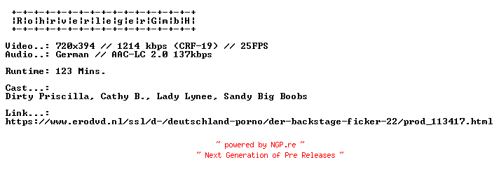 NFO for the release Der.Backstage.Ficker.22.GERMAN.XXX.DVDRIP.X264-RohrverlegerGmbH by RohrverlegerGmbH