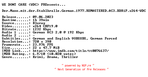 NFO for the release Der.Mann.mit.der.Stahlkralle.German.1977.REMASTERED.AC3.BDRiP.x264-WDC by WDC