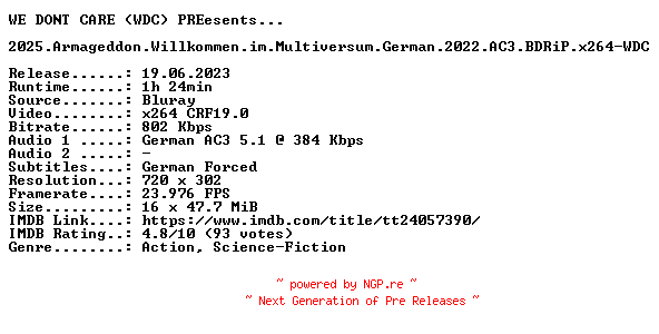 NFO for the release 2025.Armageddon.Willkommen.im.Multiversum.German.2022.AC3.BDRiP.x264-WDC by WDC