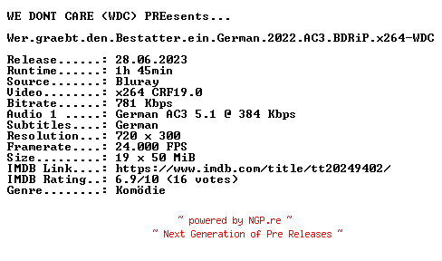 NFO for the release Wer.graebt.den.Bestatter.ein.German.2022.AC3.BDRiP.x264-WDC by WDC