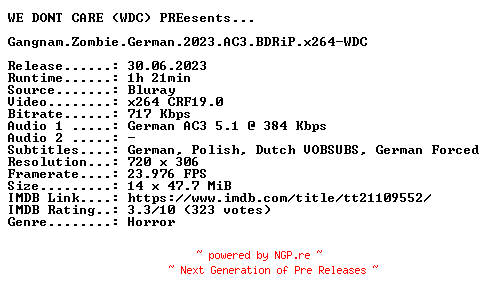NFO for the release Gangnam.Zombie.German.2023.AC3.BDRiP.x264-WDC by WDC