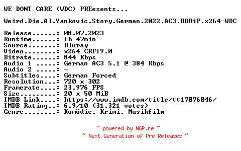 NFO for the release Weird.Die.Al.Yankovic.Story.German.2022.AC3.BDRiP.x264-WDC by WDC