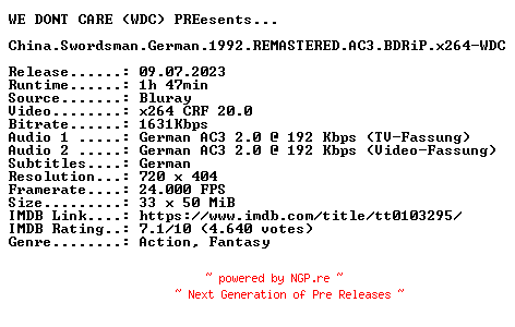 NFO for the release China.Swordsman.German.1992.REMASTERED.AC3.BDRiP.x264-WDC by WDC