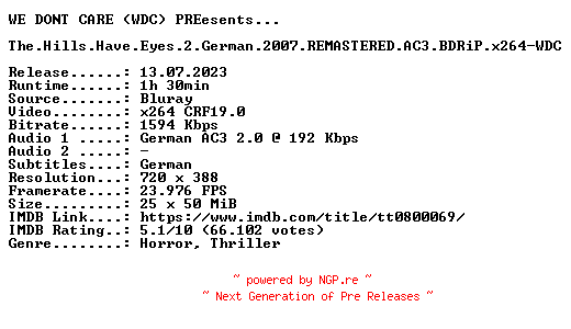 NFO for the release The.Hills.Have.Eyes.2.German.2007.REMASTERED.AC3.BDRiP.x264-WDC by WDC