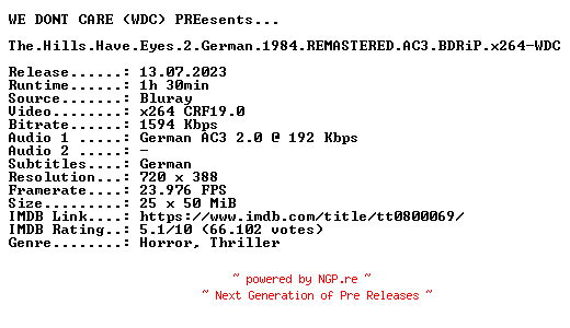 NFO for the release The.Hills.Have.Eyes.2.German.1984.REMASTERED.AC3.BDRiP.x264.DiRFiX-WDC by WDC