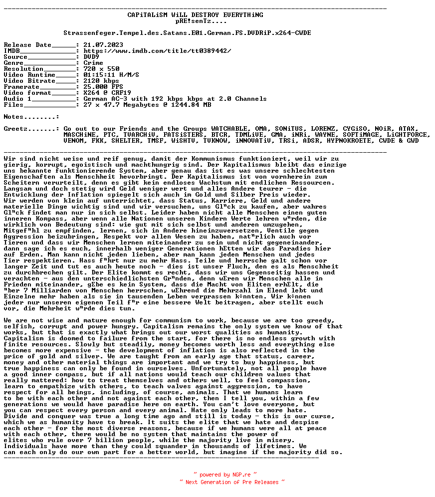 NFO for the release Strassenfeger.Tempel.des.Satans.E01.German.FS.DVDRiP.x264-CWDE by CWDE