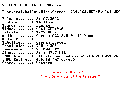 NFO for the release Fuer.drei.Dollar.Blei.German.1964.AC3.BDRiP.x264-WDC by WDC