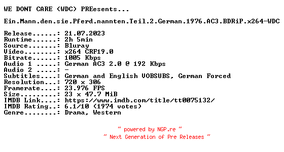 NFO for the release Ein.Mann.den.sie.Pferd.nannten.Teil.2.German.1976.AC3.BDRiP.x264-WDC by WDC