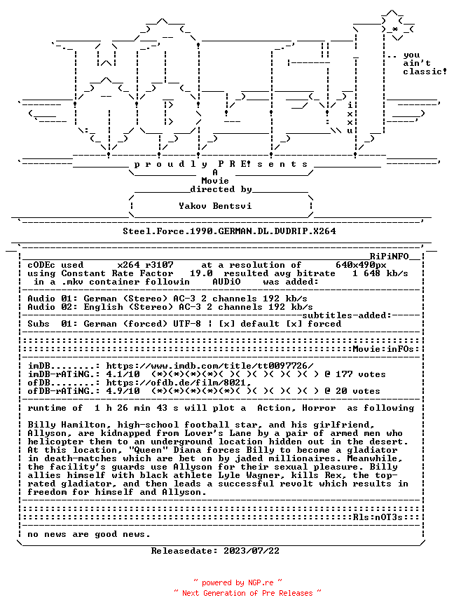 NFO for the release Steel.Force.1990.GERMAN.DL.DVDRIP.X264-WATCHABLE by WATCHABLE