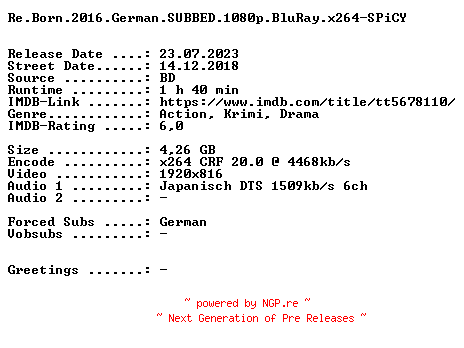 NFO for the release Re.Born.German.Subbed.2016.AC3.BDRip.x264-SPiCY by SPiCY