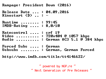 NFO for the release Rampage.President.Down.German.2016.AC3.BDRip.x264-COiNCiDENCE by COiNCiDENCE