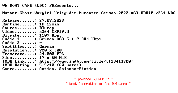 NFO for the release Mutant.Ghost.Wargirl.Krieg.der.Mutanten.German.2022.AC3.BDRiP.x264-WDC by WDC